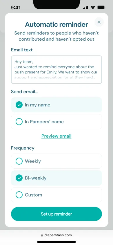 Automatic reminder concept: the organiser writes a reminder email, chooses whether it is sent in their name or Pampers’ name, and sets how often it repeats