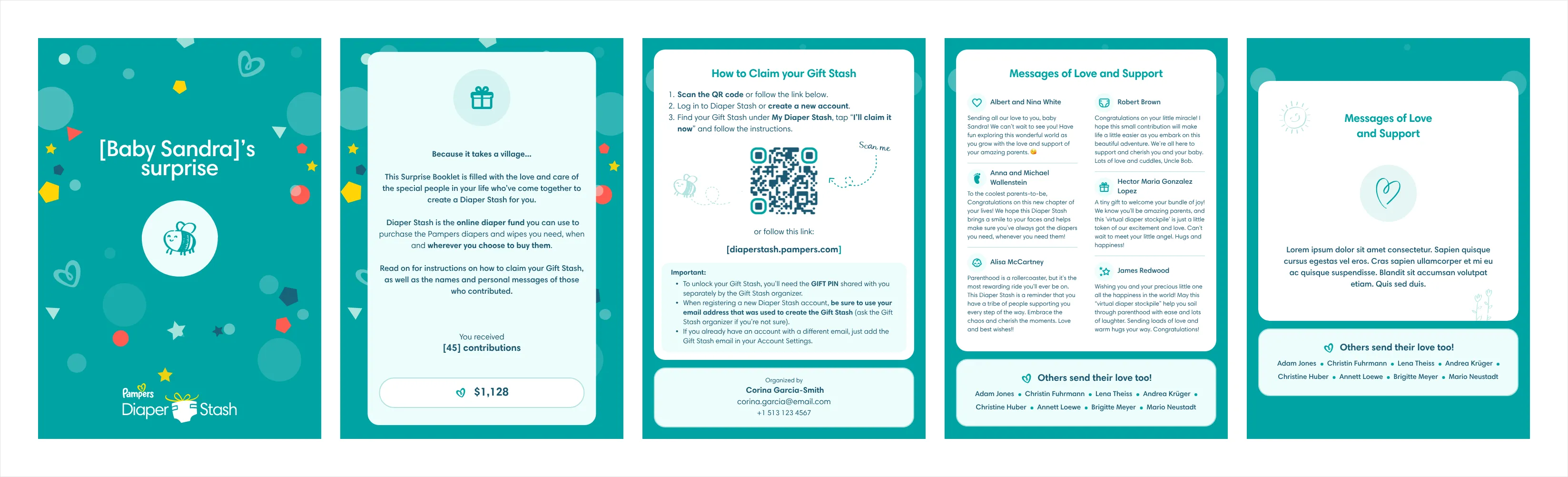 The printable gift booklet, five pages: a cover with the baby’s name, a page with the number of contributions and the total collected, instructions for claiming the gift with a QR code and the organiser’s contact details, and two pages of contributors’ messages with a list of other contributors