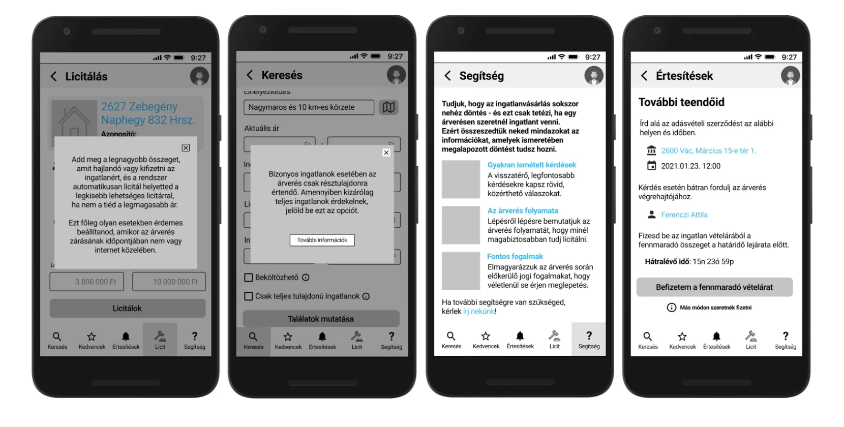 Four wireframes showing in-context guidance: an automatic bidding explanation, a note about partial ownership, the help centre, and a next-steps screen after winning.