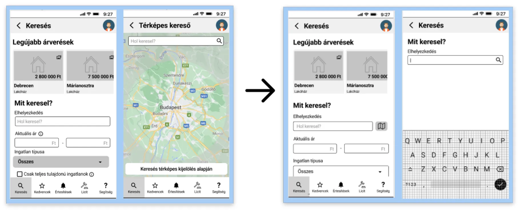 Before and after: the first search screen opening with a map, and the revised version where the text search comes first and the map sits behind a separate button.