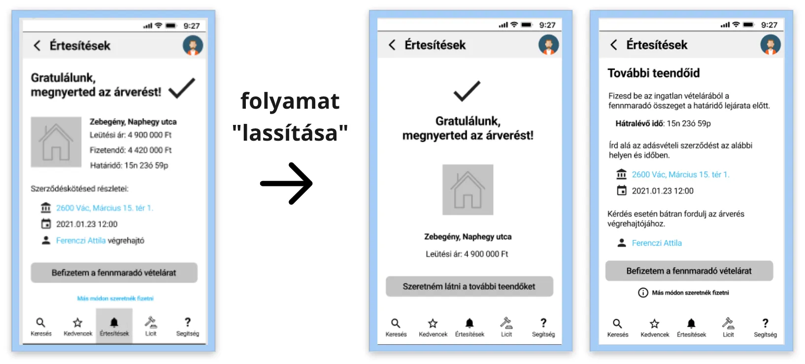 Before and after: a single winning screen packed with next steps, and the revised flow that first celebrates the win and shows the next steps on a separate screen.