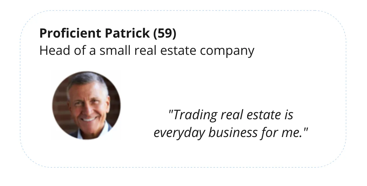 Persona card: Proficient Patrick, 59, head of a small real estate company — “Trading real estate is everyday business for me.”