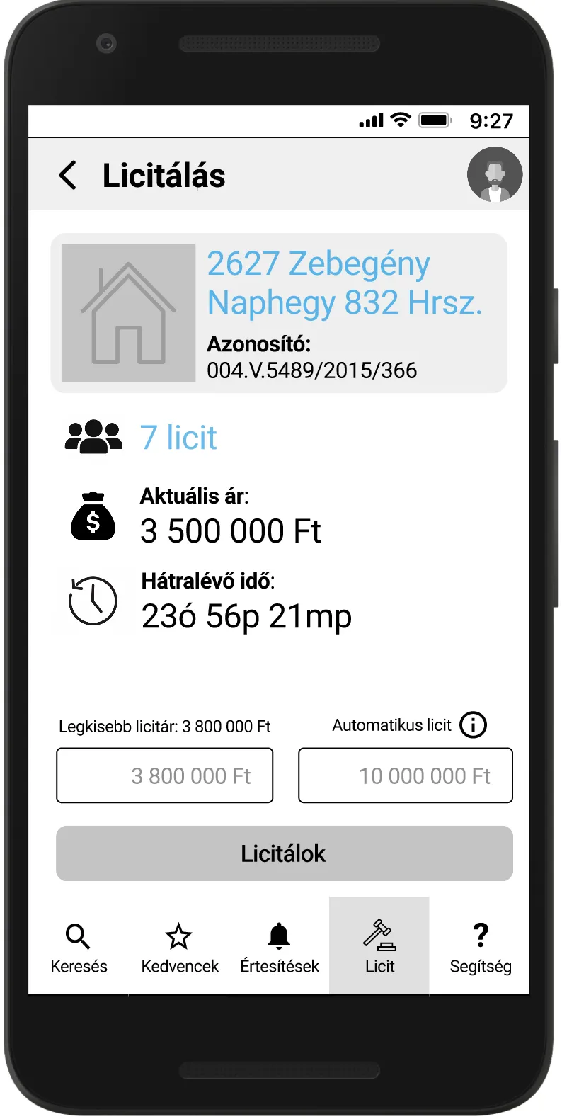 Mid-fidelity wireframe: bidding screen.