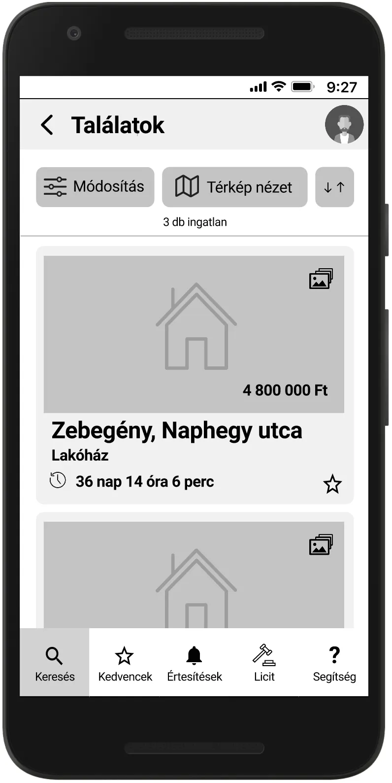 Mid-fidelity wireframe: search results.