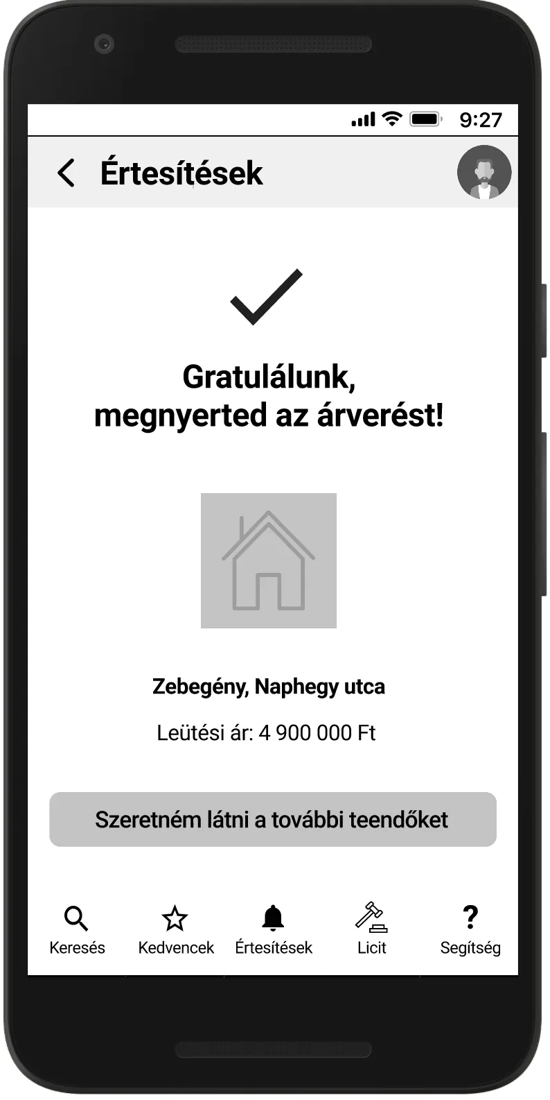 Mid-fidelity wireframe: winning notification.