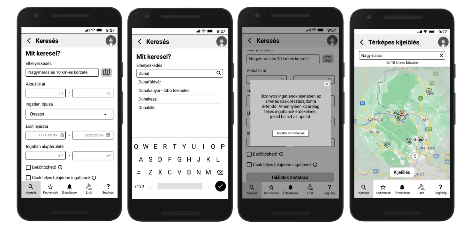 Four search wireframes: the search form, location autocomplete, an info prompt about full ownership, and the map-based area selection.